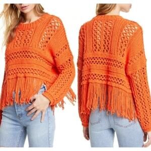 XS Free People High Love Crochet Fringe Sweater Orange Boho Festival Halloween